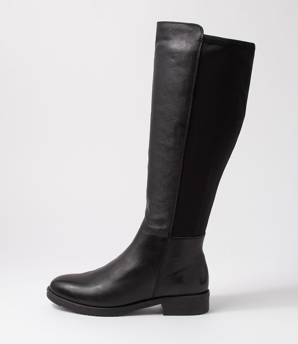 Collabrate Black Leather Stretch Fabric Knee High Boots