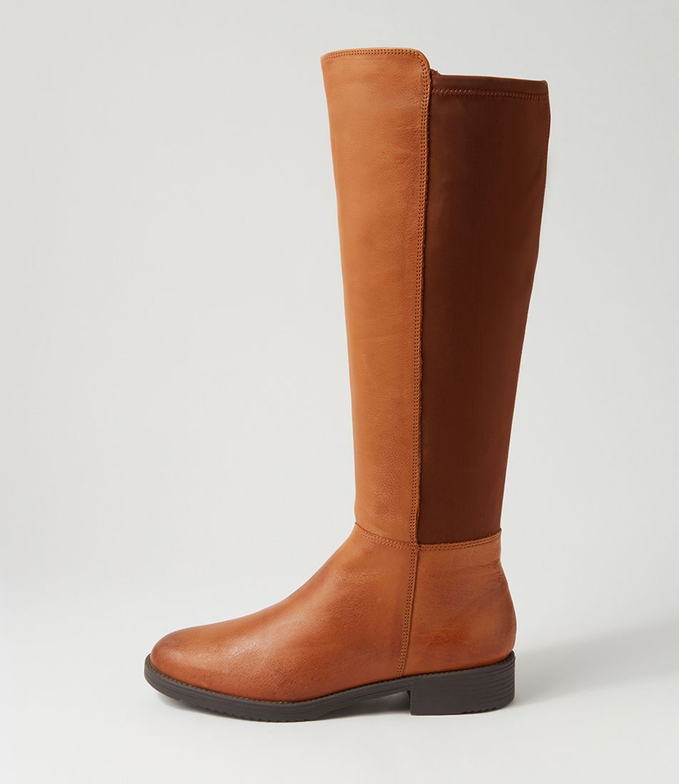 Collabrate New Tan Leather Stretch Knee High Boots