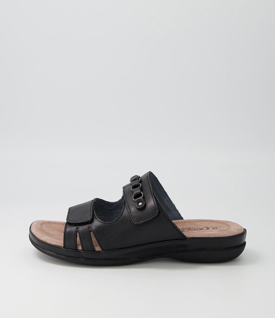 Satisy Black Leather Slides