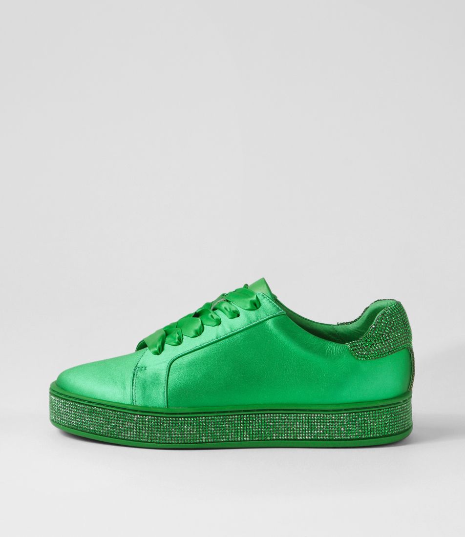 Pluma Emerald Satin Metallic Leather Jewels Lace Up Flats