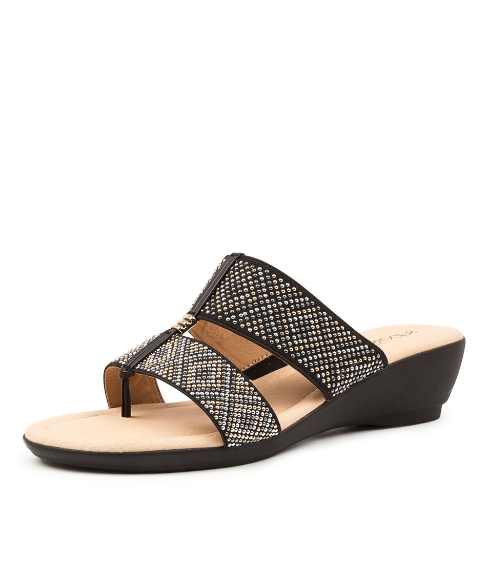 Petcie Black & Gold Elastic Leather Sandals