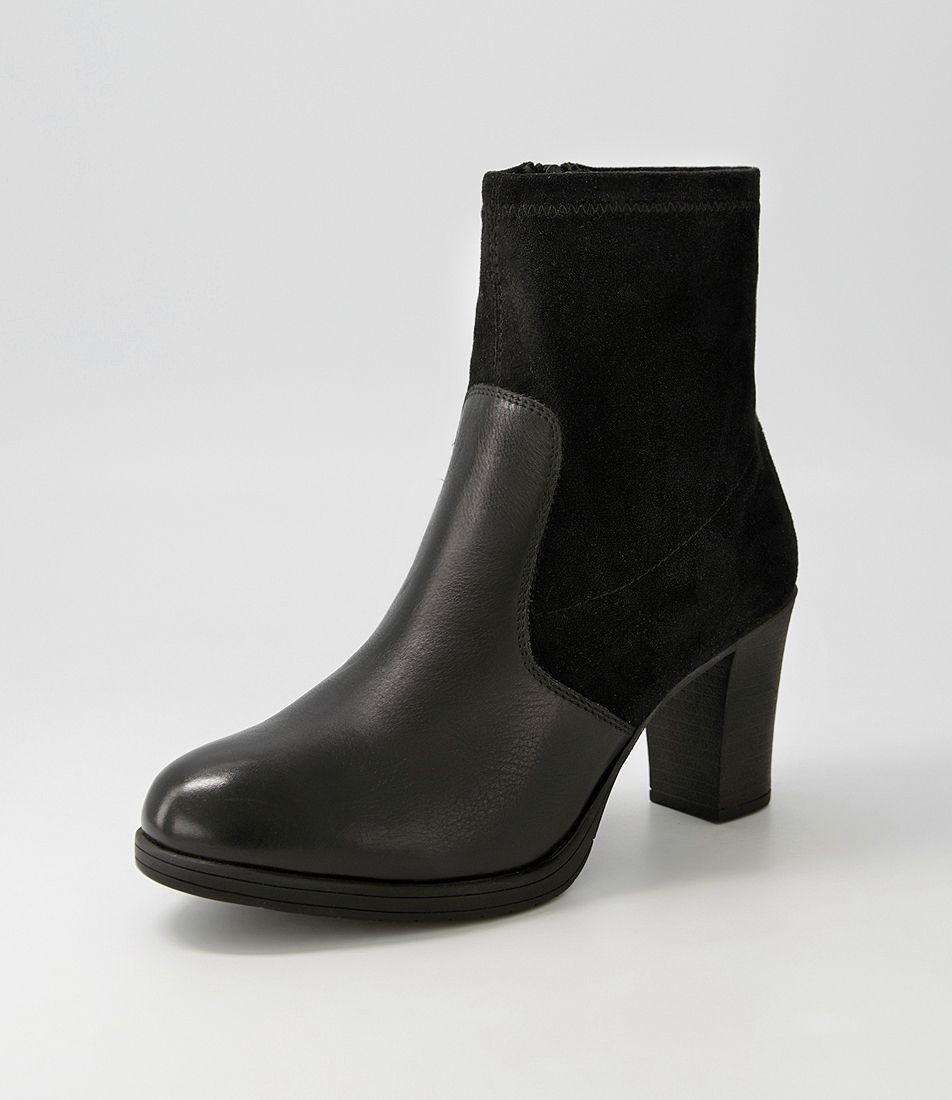 Beamus Black Leather Stretch Microsuede Ankle Boots