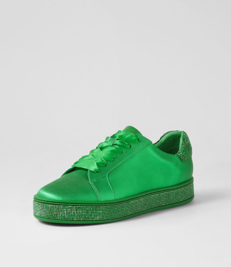 Pluma Emerald Satin Metallic Leather Jewels Lace Up Flats
