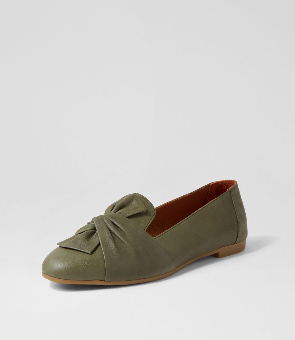 Stella Dark Olive Leather Flat Shoes