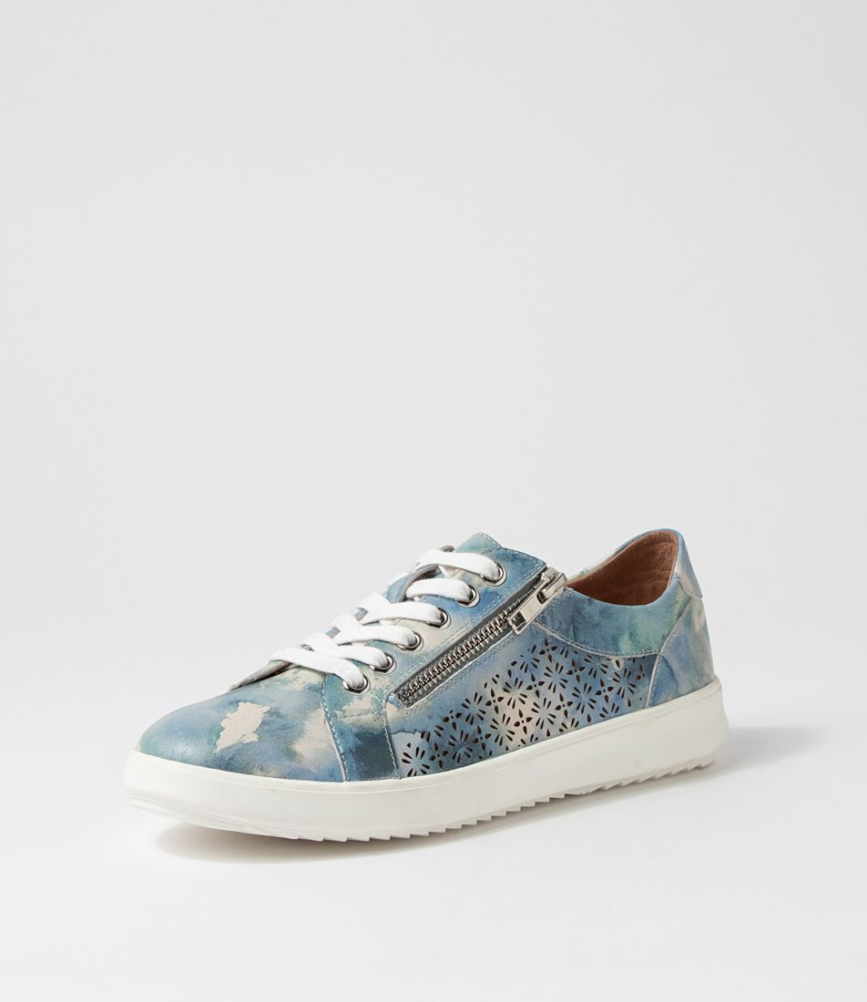 Zarina Blue Clouds White Leather Sneakers