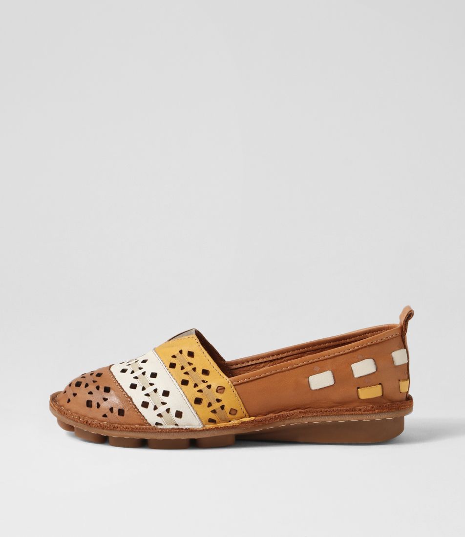 Lazilli Tan White Leather Flat Shoes