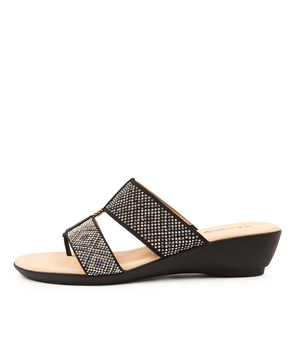 Petcie Black & Gold Elastic Leather Sandals
