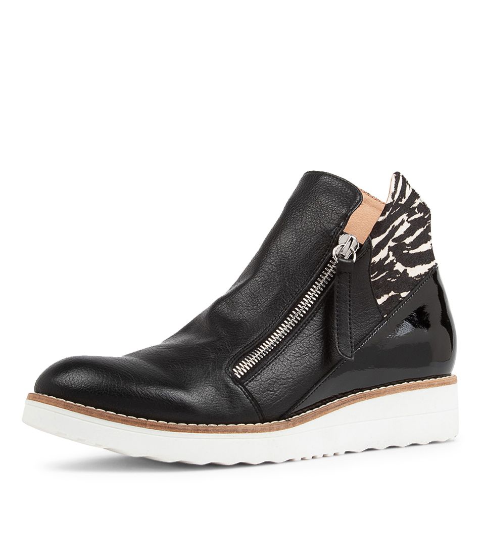 Ossha Black Zebra Leather Ankle Boots