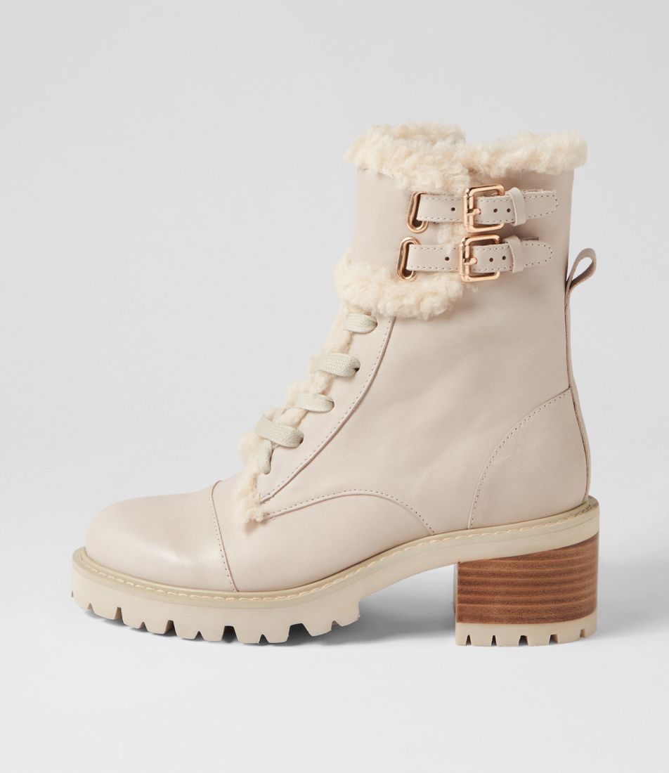 Jenifa Almond Off White Leather Fur Lace Up Boots