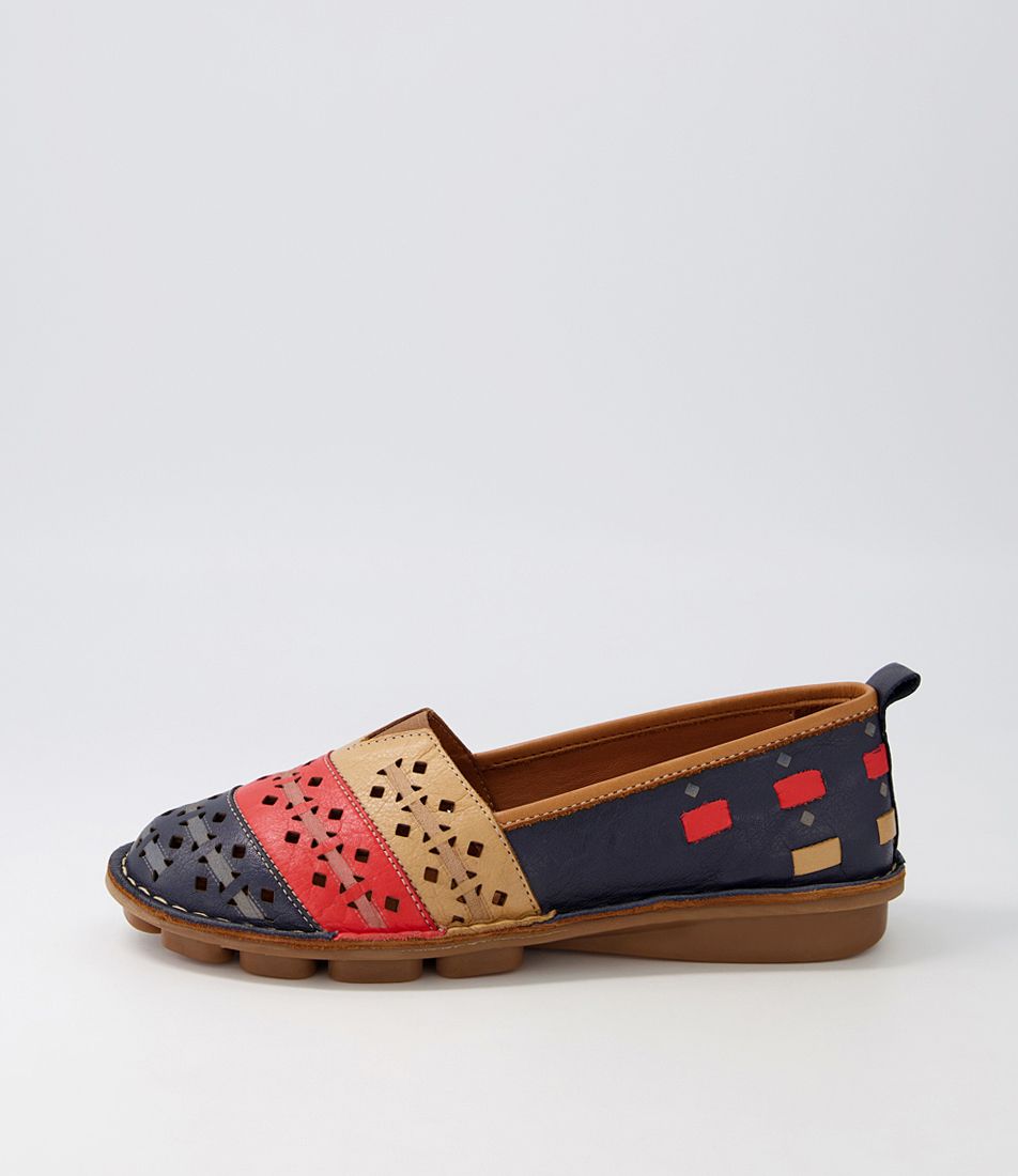 Lazilli Navy Red Tan Leather Flat Shoes