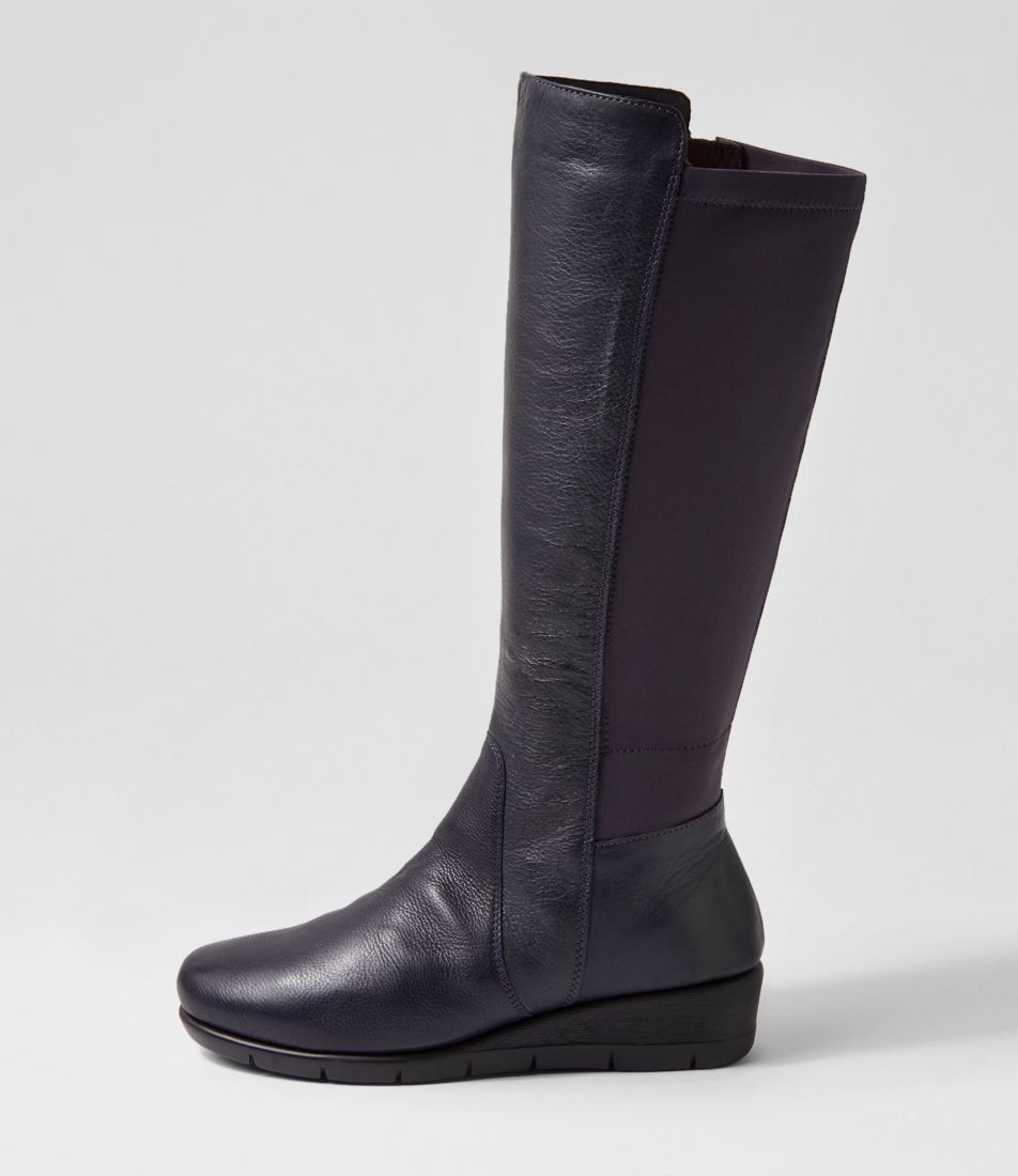 Marcelina Navy Leather Lycra Calf Boots