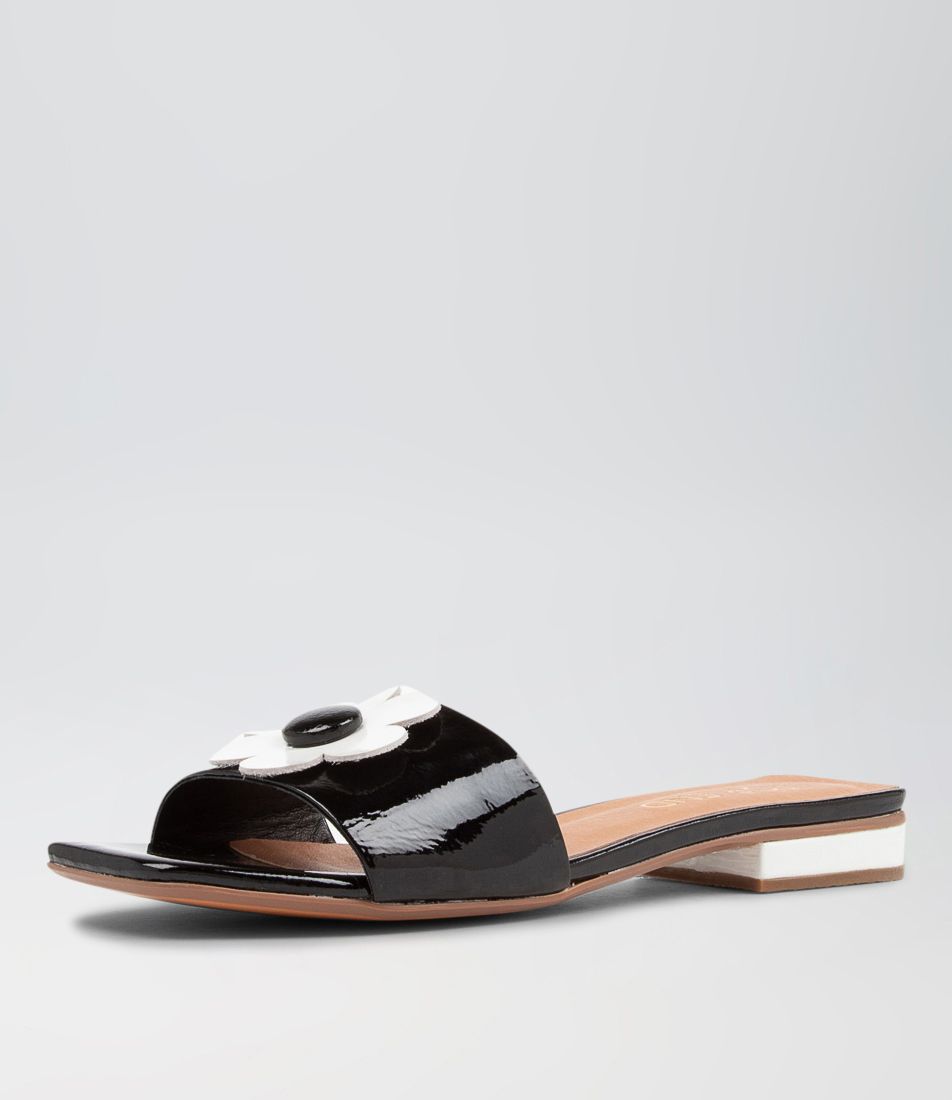 Kossi Black White Patent Leather Slides