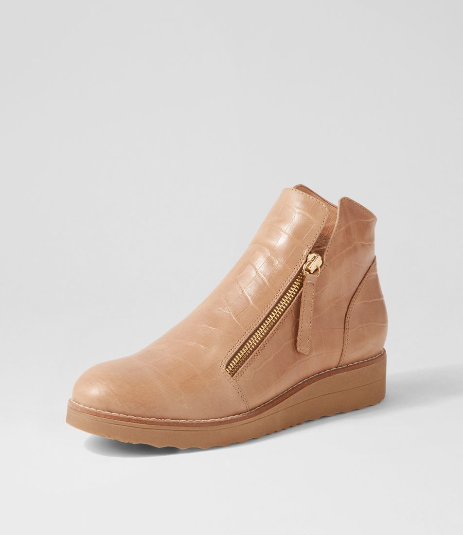 Ohmyes Latte Croc Leather Ankle Boots