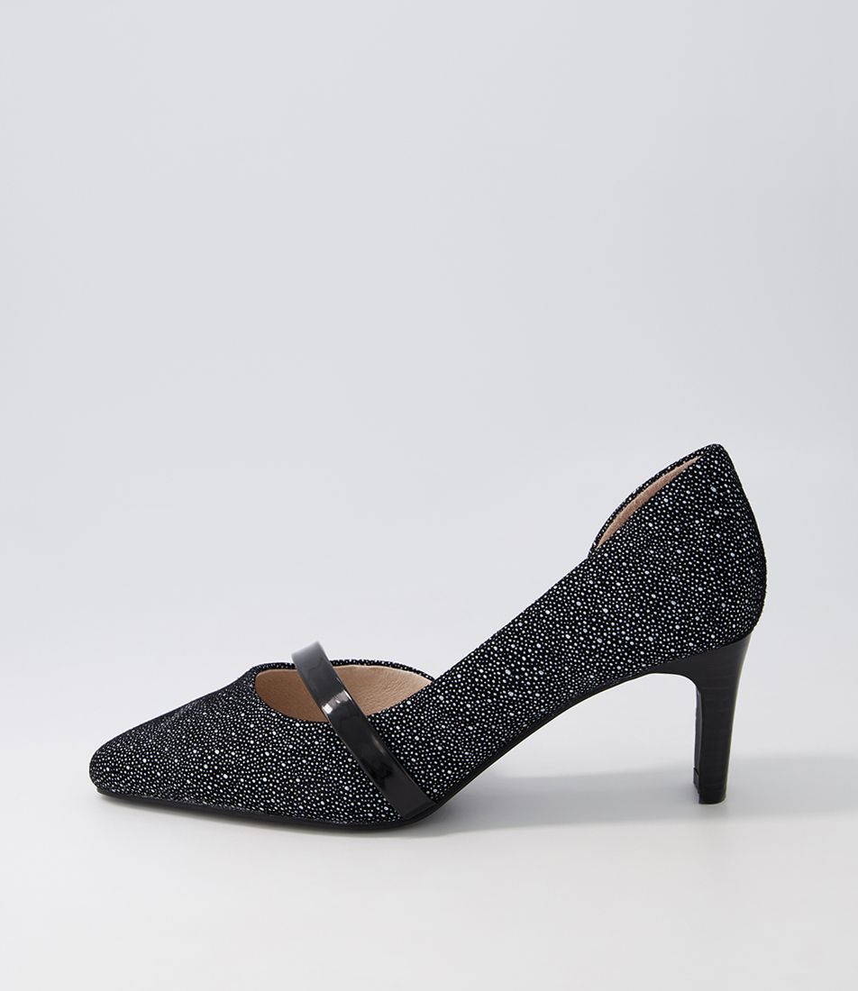 Narda2 Black White Dot Suede Patent Heels