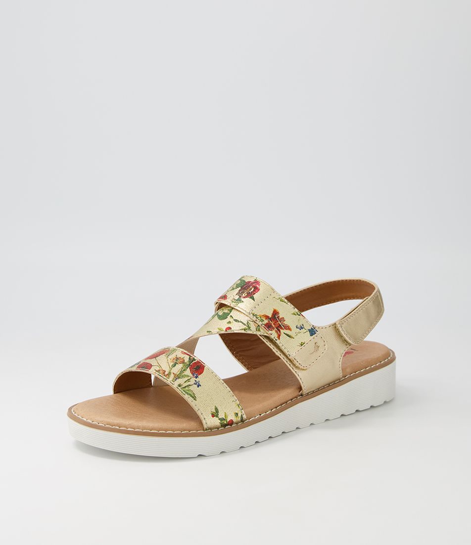 Baktie Gold Floral Elastic Sandals