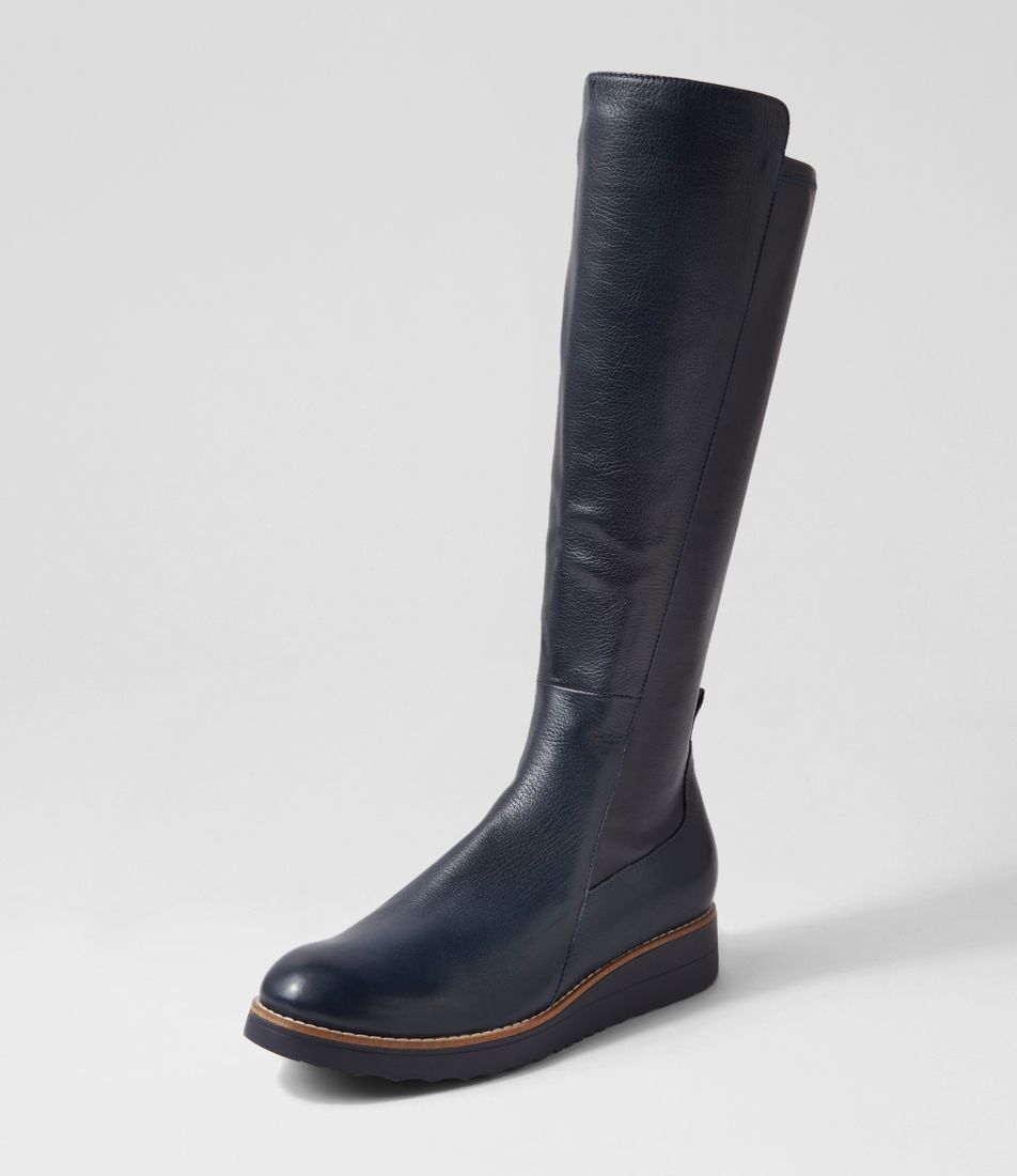 Oletta Navy Leather Stretch Knee High Boots