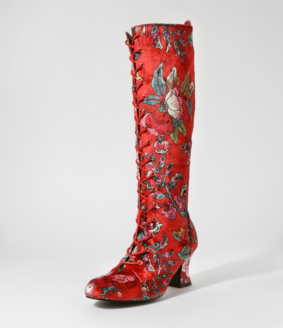 Yarnel Red Floral Velvet Knee High Boots