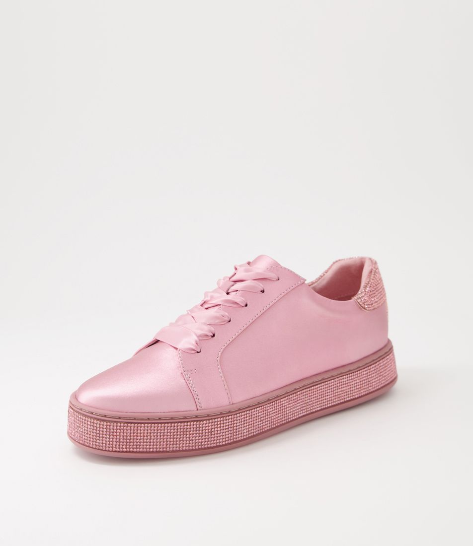 Pluma Pink Satin Metallic Leather Jewels Lace Up Flats
