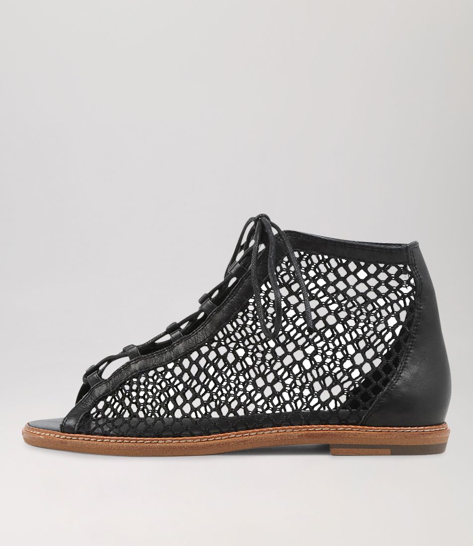 Nesha Black Leather Mesh Sandals