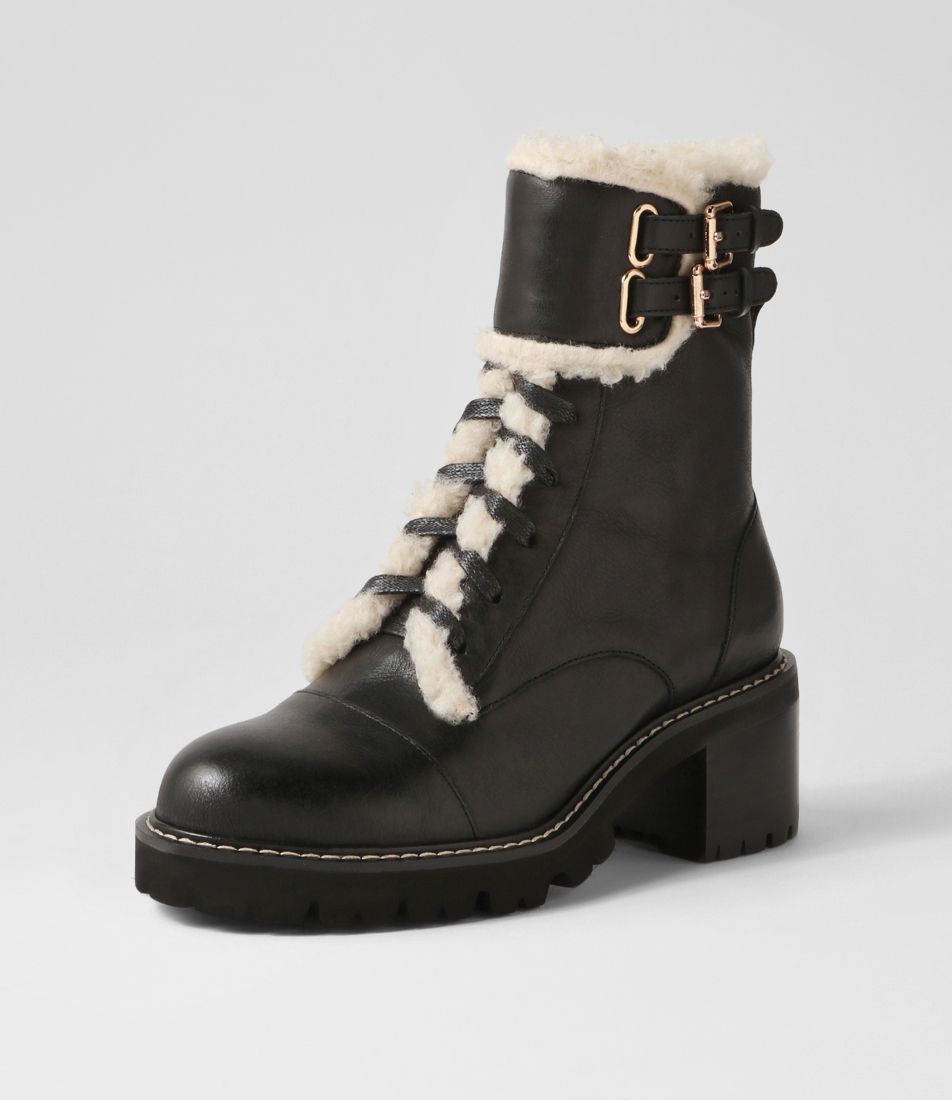 Jenifa Black Off White Leather Fur Lace Up Boots