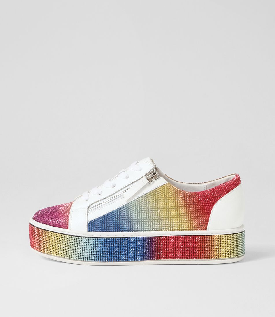 Naura White Rainbow Leather Jewels Sneakers