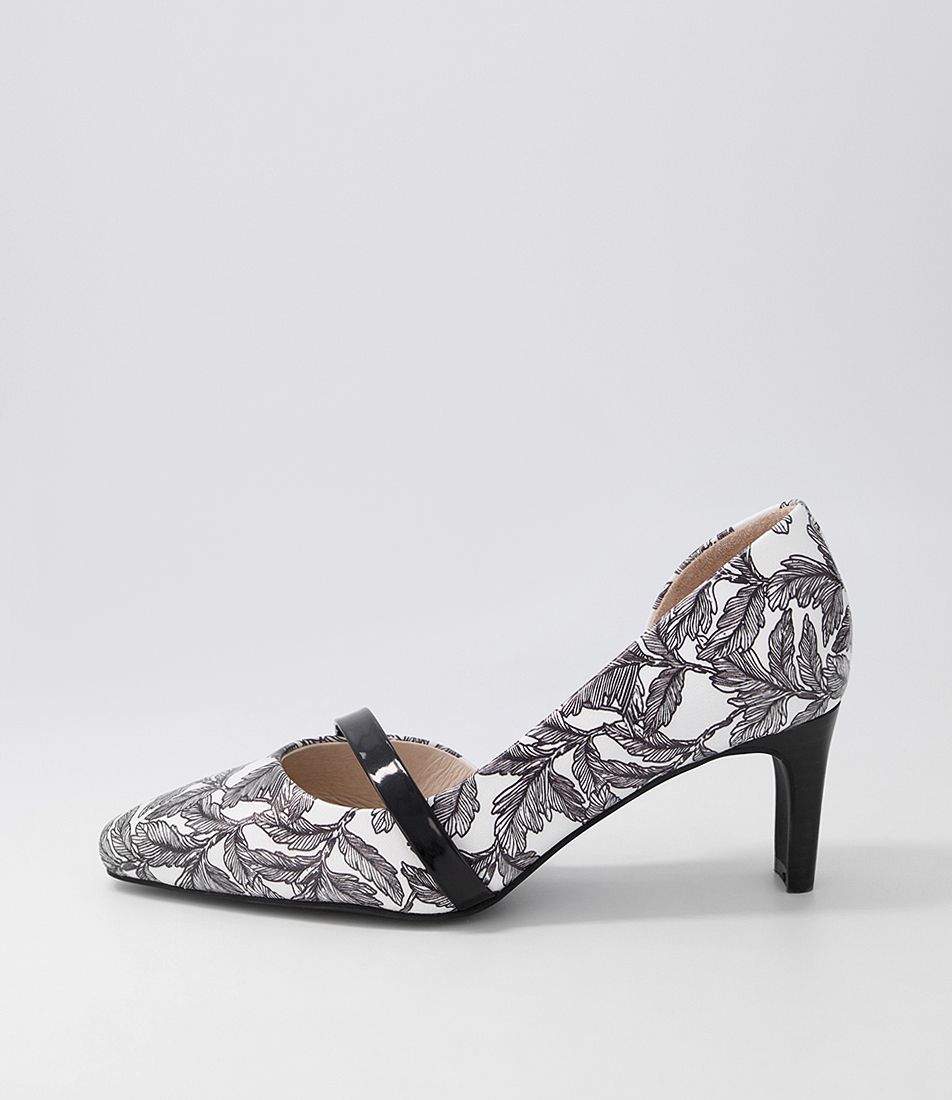 Narda2 Black White Floral Black Leather Patent Heels
