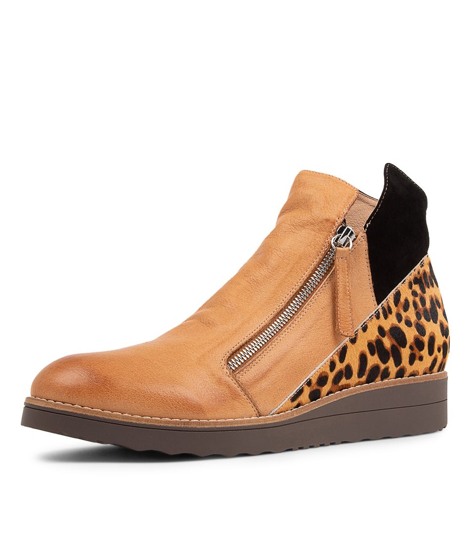 Ossha Dark Tan Leopard Multi Ankle Boots