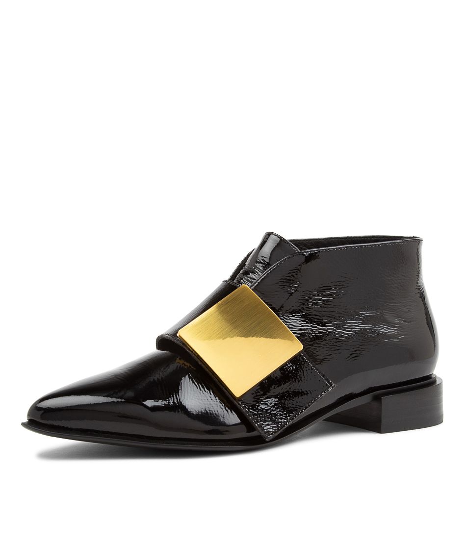 Zhia Black Gold Wrinkle Patent Flat Shoes
