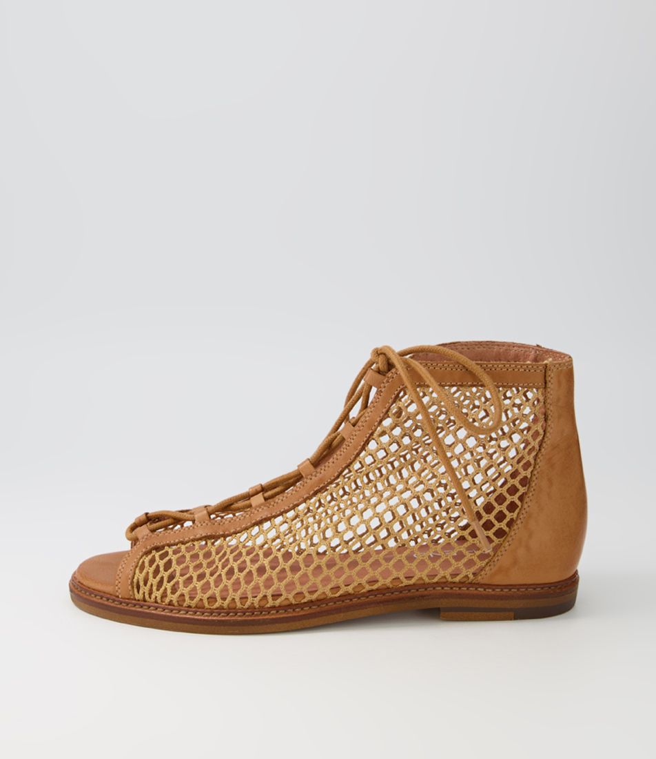 Nesha Dark Tan Leather Mesh Sandals