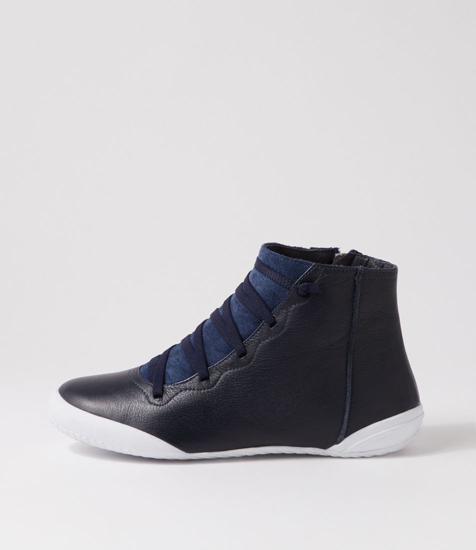 Ryliees Navy White Leather Elastic Lace Up Boots