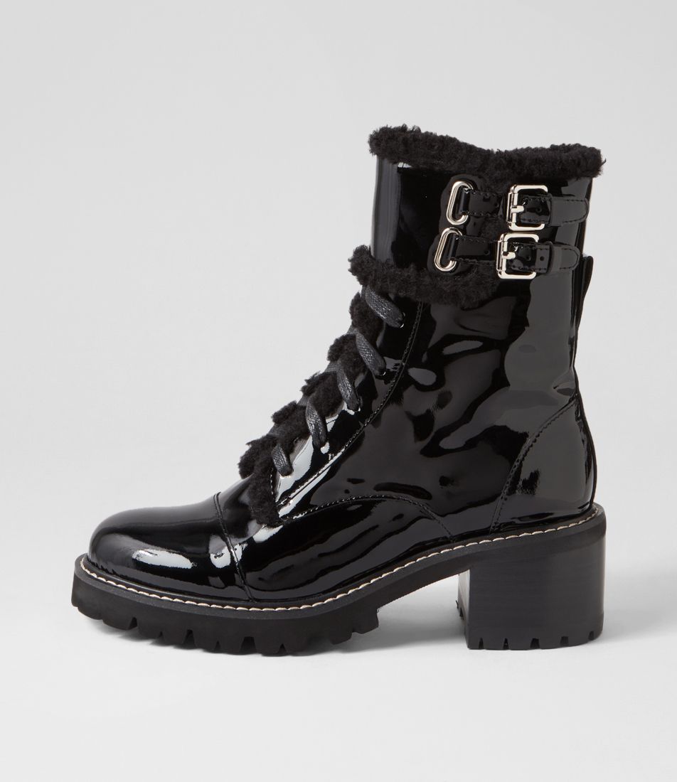 Jenifa Black Patent Fur Lace Up Boots