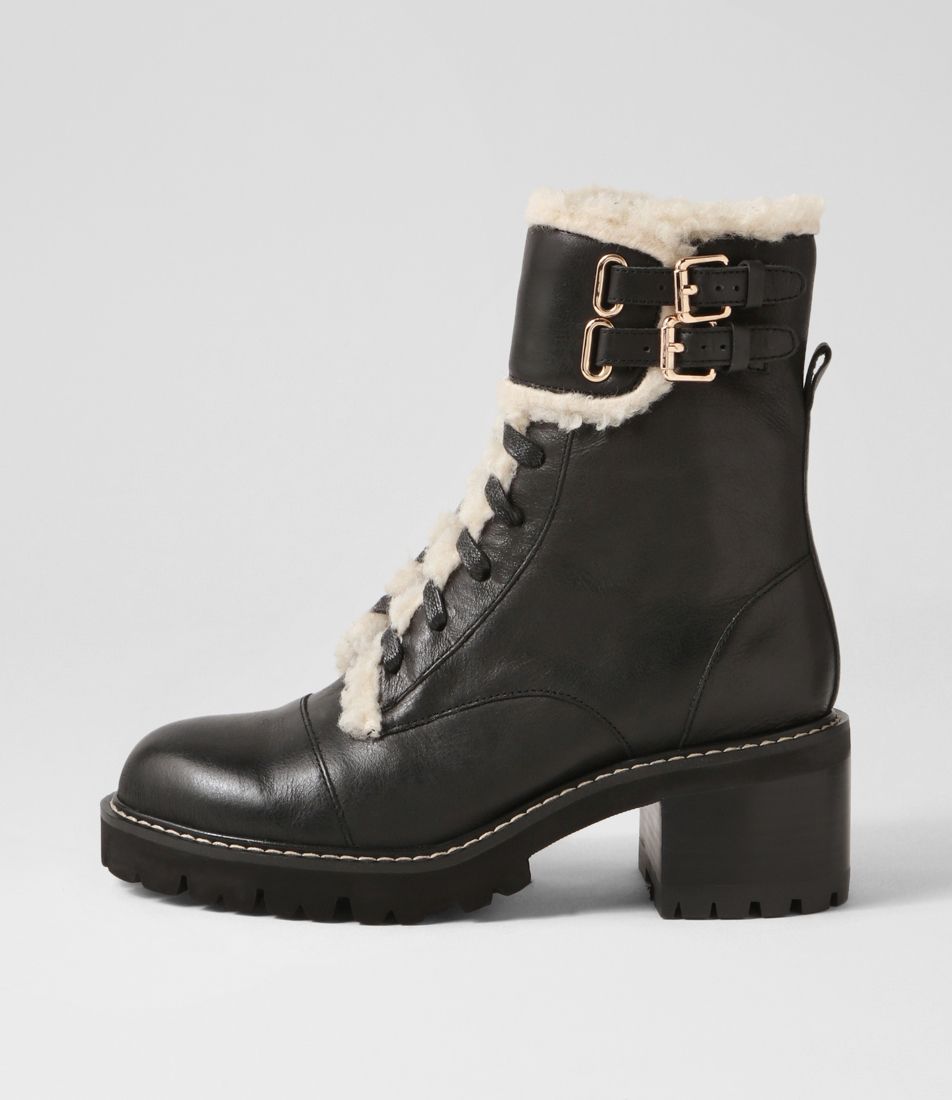 Jenifa Black Off White Leather Fur Lace Up Boots