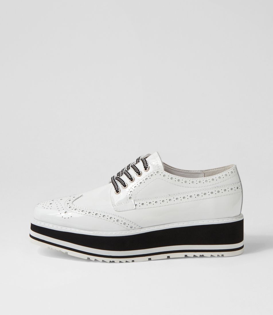 Sansi White Patent Leather Lace Up Flats