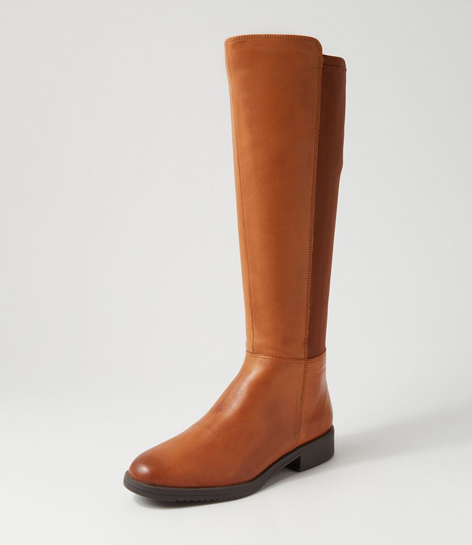 Collabrate New Tan Leather Stretch Knee High Boots