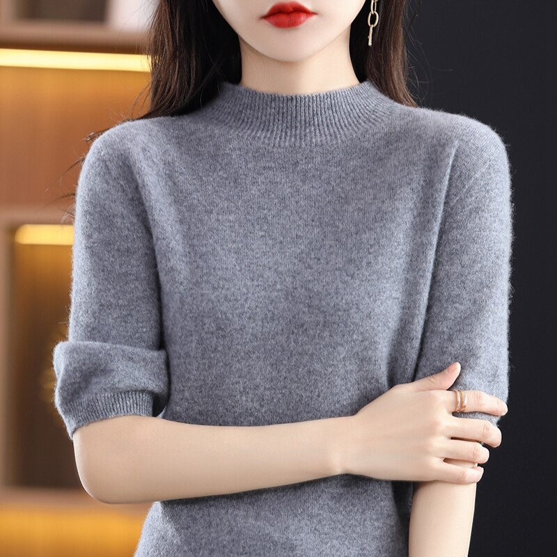 Turtleneck Knitwears Cashmere Sweater Women's Knitted Pullover 100% Merino Wool Short Sleeve 2023 New Female Clothing Jumper Top
