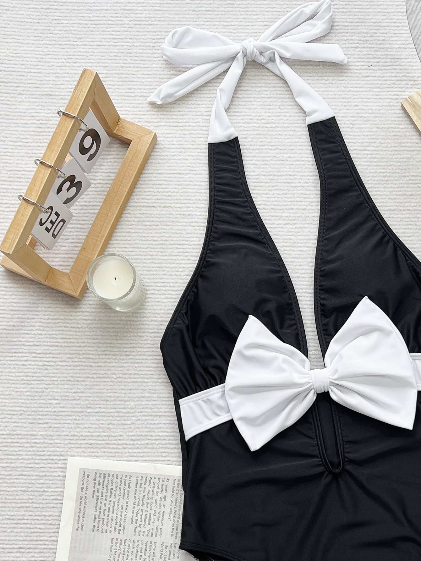 Women bikini black and white contrast bow tie Lace-Up one-piece swimsuit