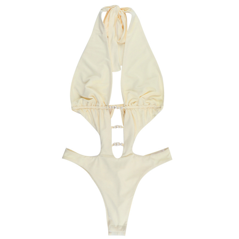 Women's Spring Swimming and Summer Fashion Beaded Hollow Halter Neck Bodysuit