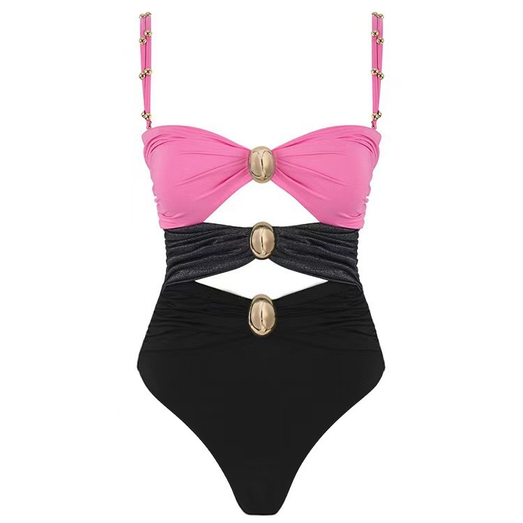 Women Color Block Hollow Sexy One-Piece Swimwear  Two-Piece Set