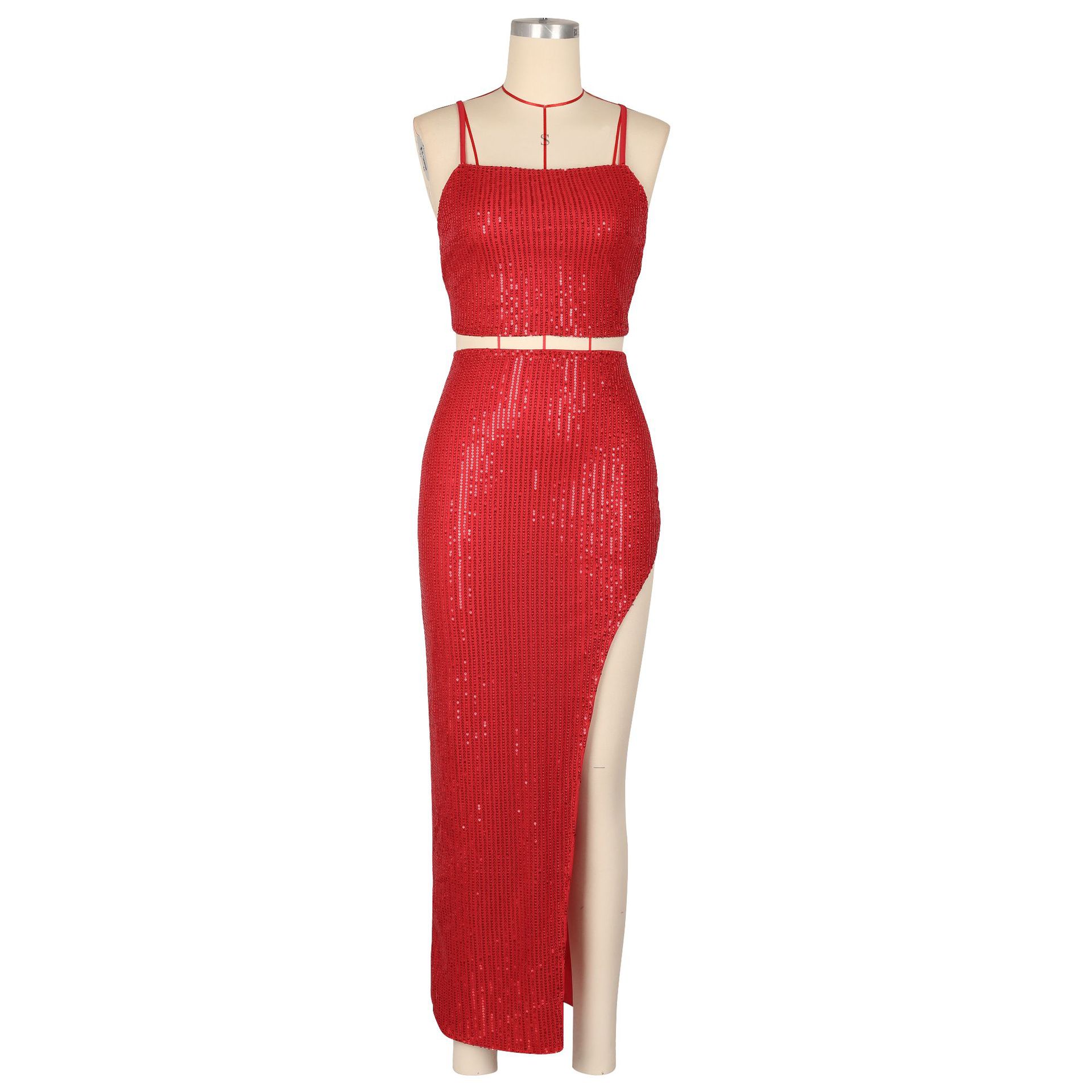 Women sexy sequined dress camisole top slit Skrit Two Piece Set