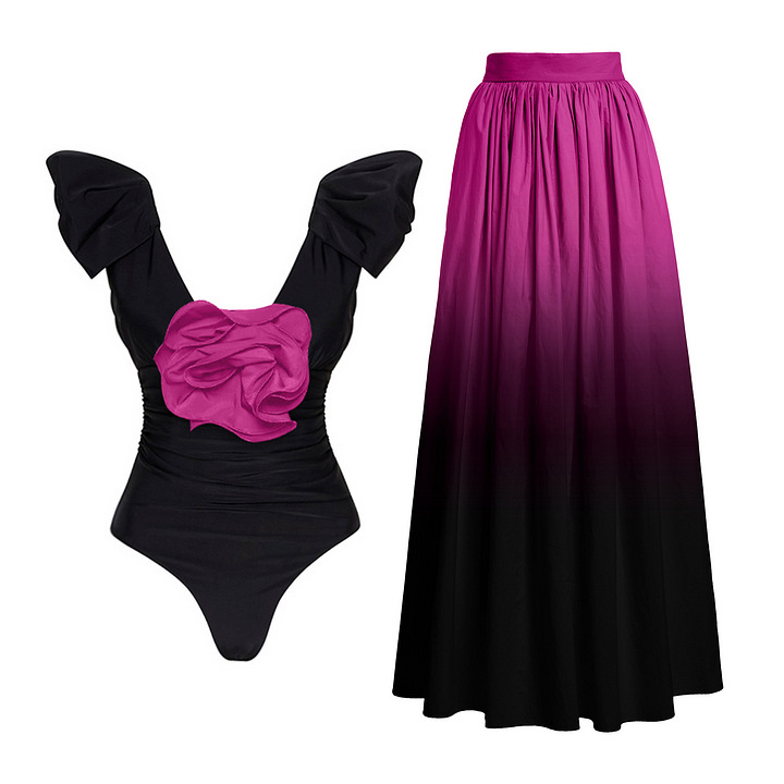 Deep V FloralOne-Piece Swimsuit SKirt Set