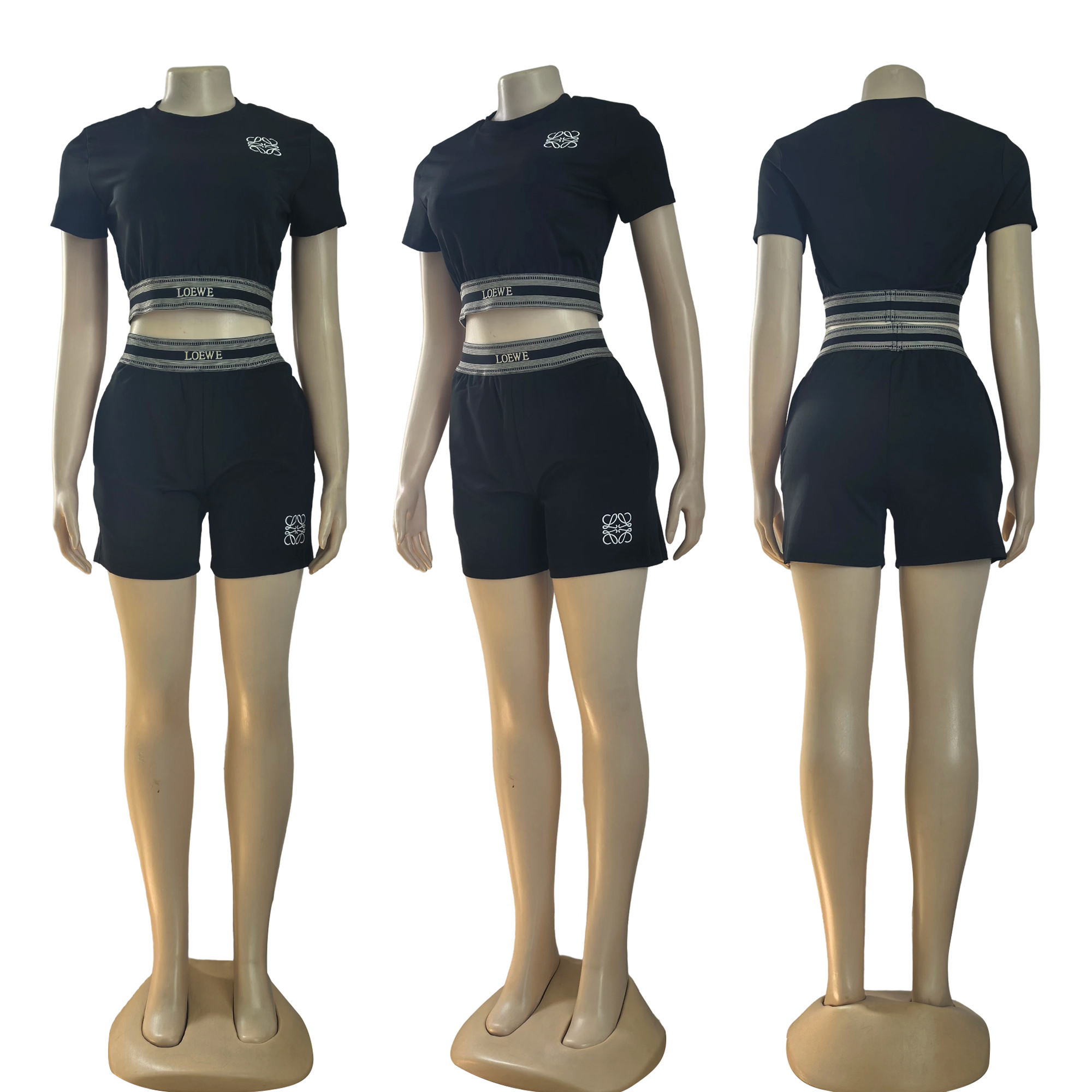 Women summer casual crop sports short-sleeved top and shorts two-piece set