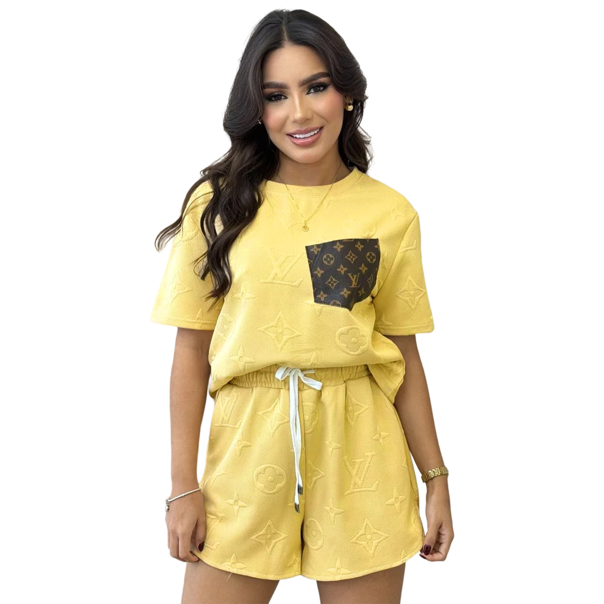 Women casual Pu-Leather pocket jacquard short-sleeved top and shorts sports two-piece set