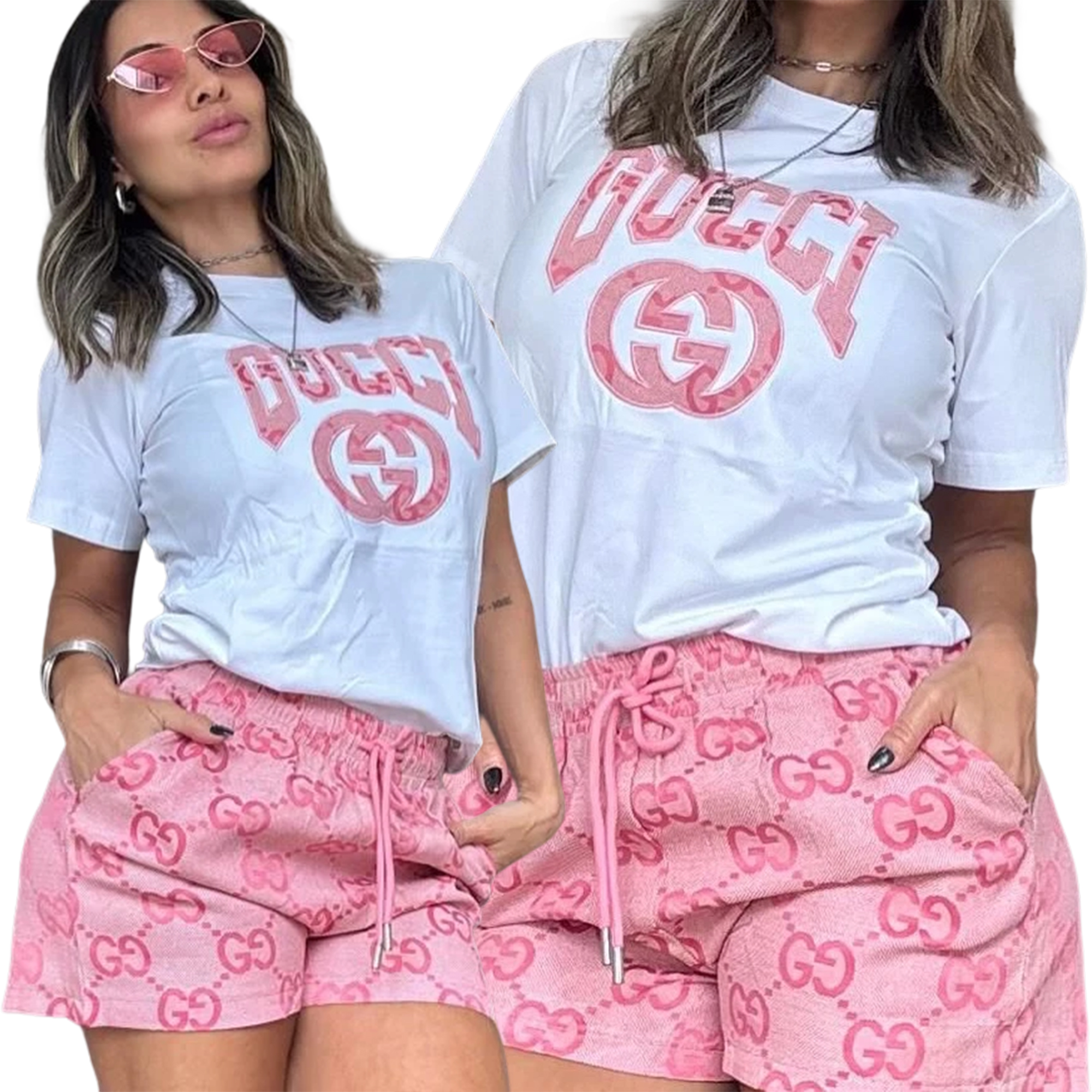 Women Summer Embroidered Printed Short Sleeve Top and Shorts Two-Piece Set