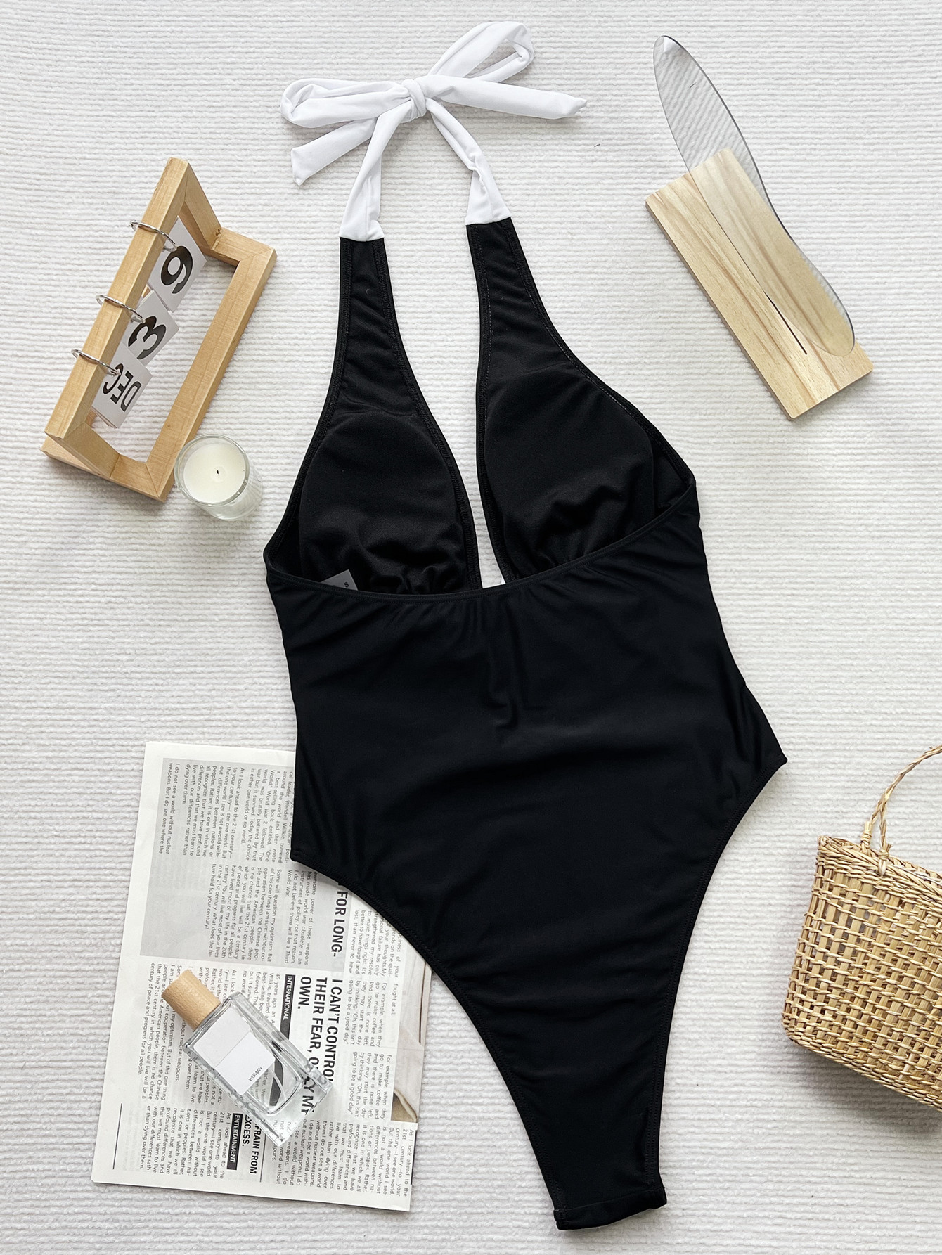 Women bikini black and white contrast bow tie Lace-Up one-piece swimsuit