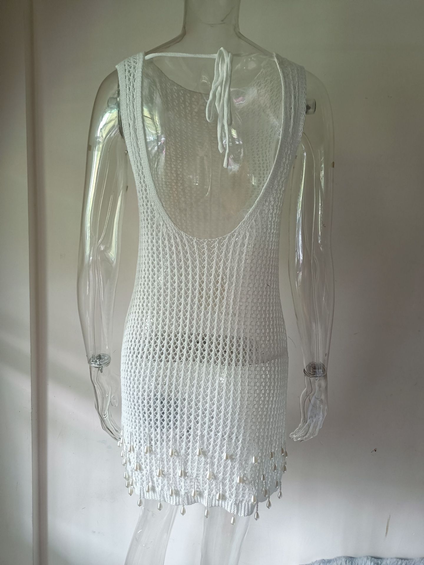 Women bikini tassel beaded suspender beach shirt hollow knitting Dress