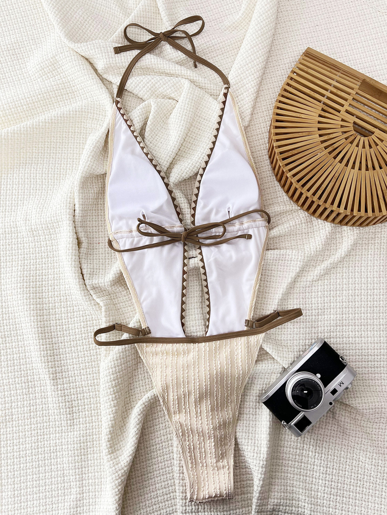 Women Contrast Hollow Lace-Up One-Piece Swimwear