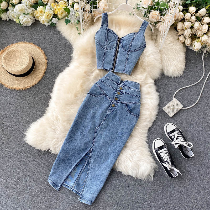 Women Camisole Denim Skirt Two-Piece Set