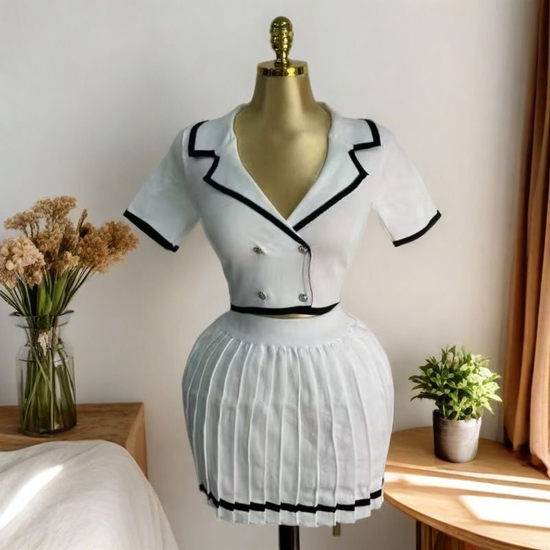 Women American summer short-sleeved knitting T-shirt and pleated skirt two-piece set