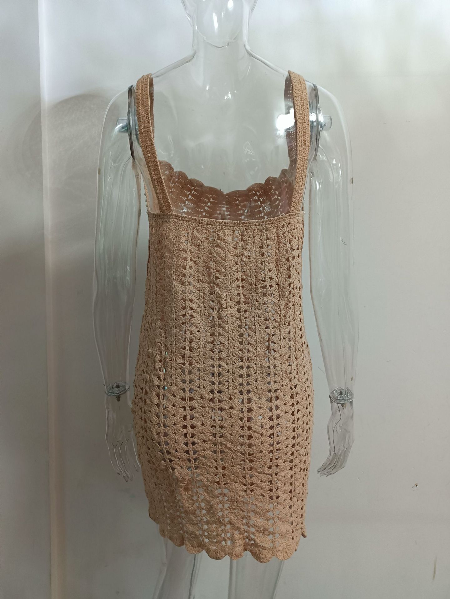 Women knitting v-neck pearl hollow Strap Dress