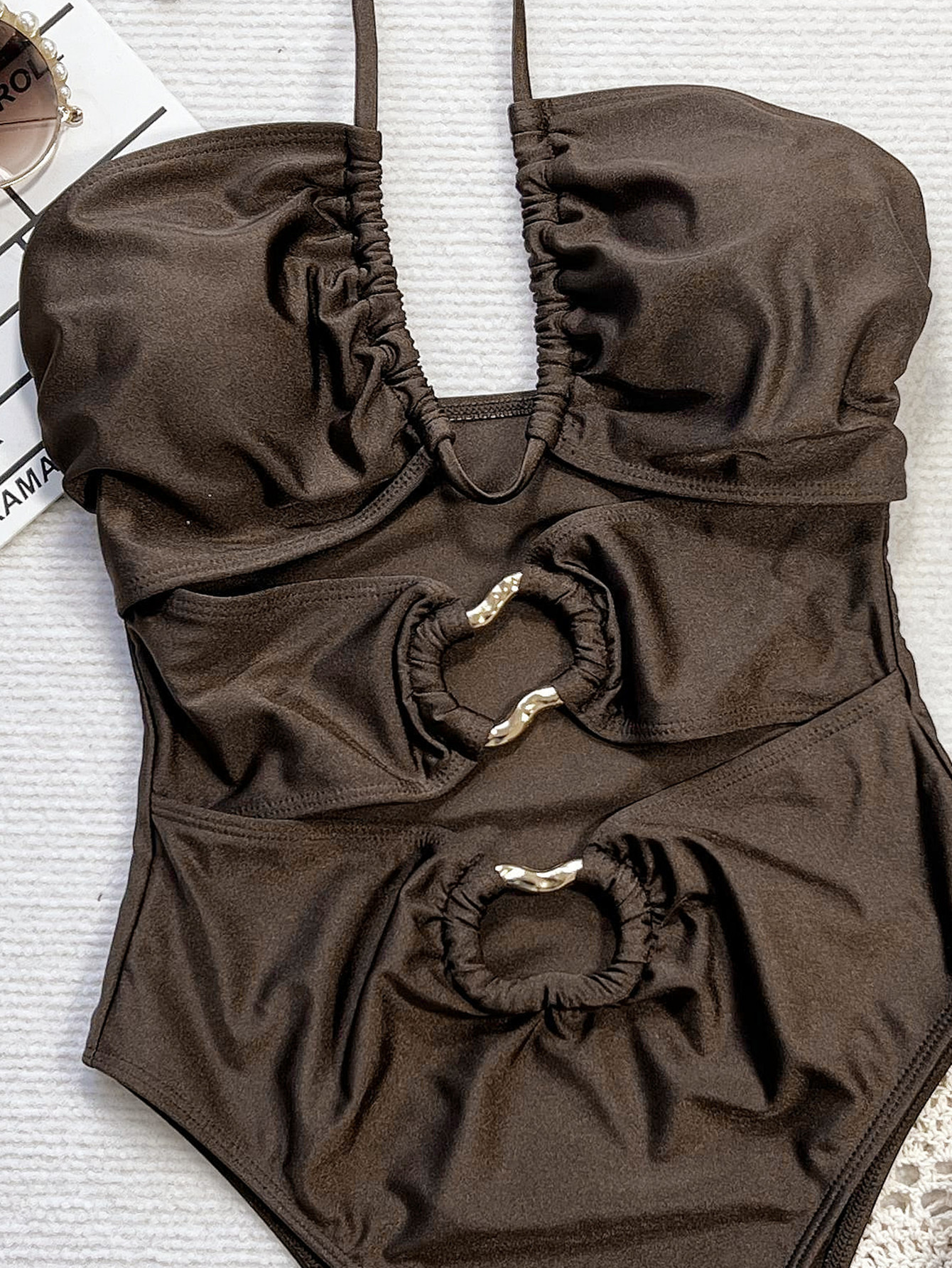Sexy Cutout Design Brown Hollow-Out Lace-Up One-Piece Swimsuit